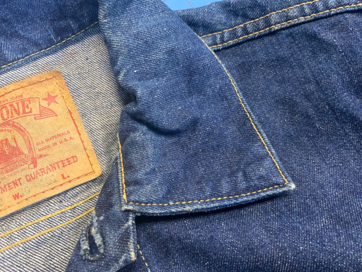VTG USA BIGSTONE WESTERN RAW GENUINE INDIGO DYED DENIM JACKET ROCKABILLY 36” S