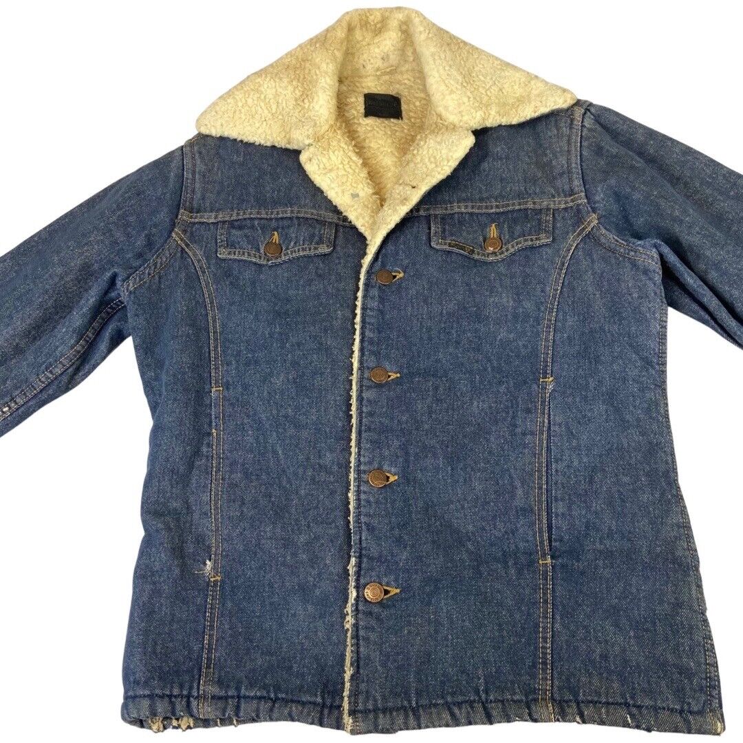 VTG 70S USA SEARS INDIGO ROEBUCKS SHERPA LINED DENIM WESTERN BARN JACKET 38” S