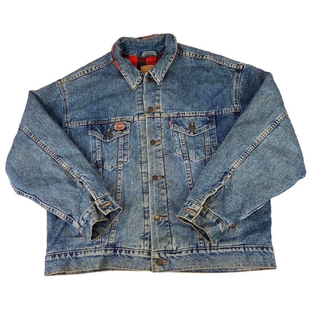 VTG 80s USA LEVIS HARLEY DAVIDSON PATCH FLANNEL LINED TYPE 3 DENIM JACKET 47” XL