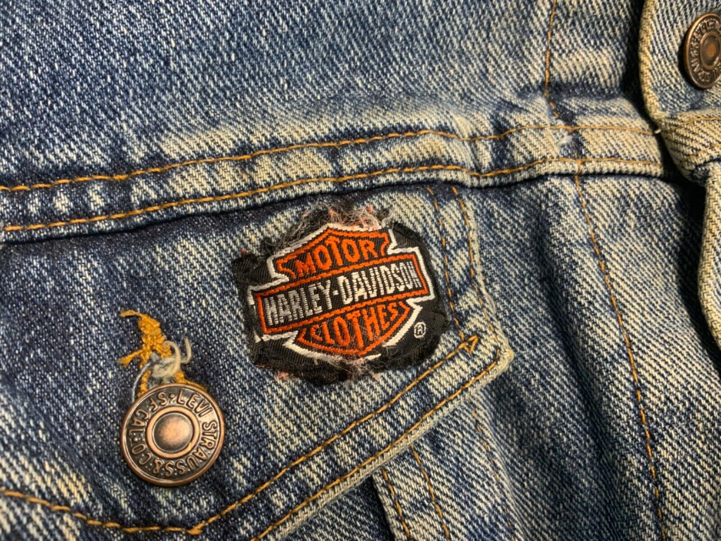 VTG 80s USA LEVIS HARLEY DAVIDSON PATCH FLANNEL LINED TYPE 3 DENIM JACKET 47” XL