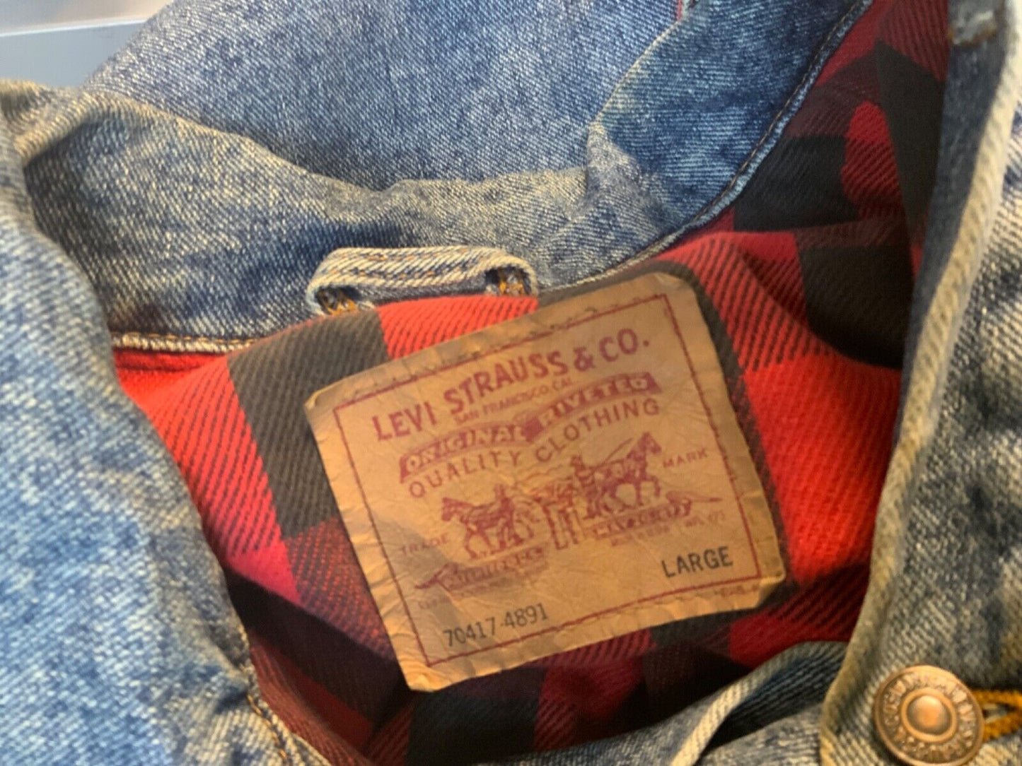 VTG 80s USA LEVIS HARLEY DAVIDSON PATCH FLANNEL LINED TYPE 3 DENIM JACKET 47” XL
