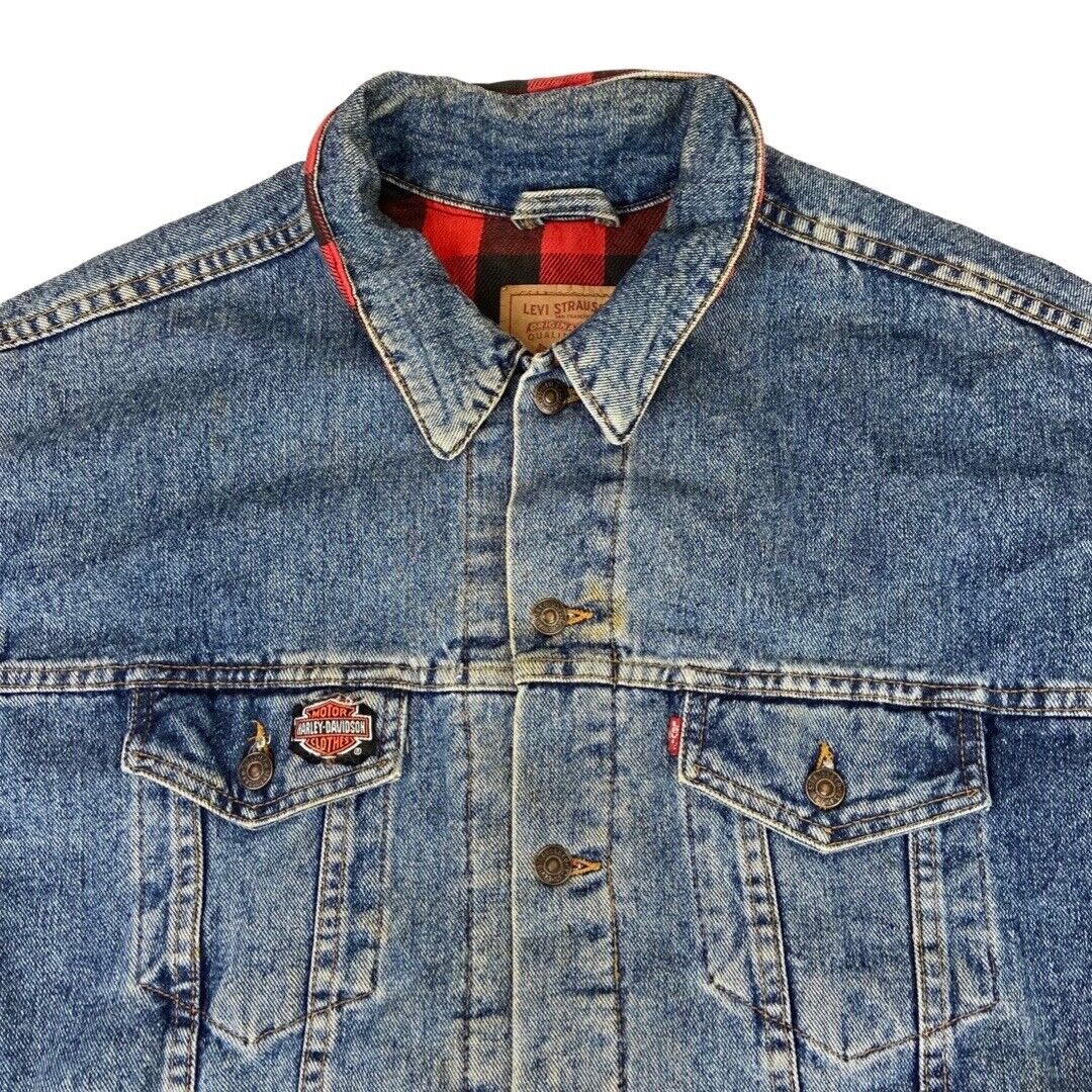 VTG 80s USA LEVIS HARLEY DAVIDSON PATCH FLANNEL LINED TYPE 3 DENIM JACKET 47” XL