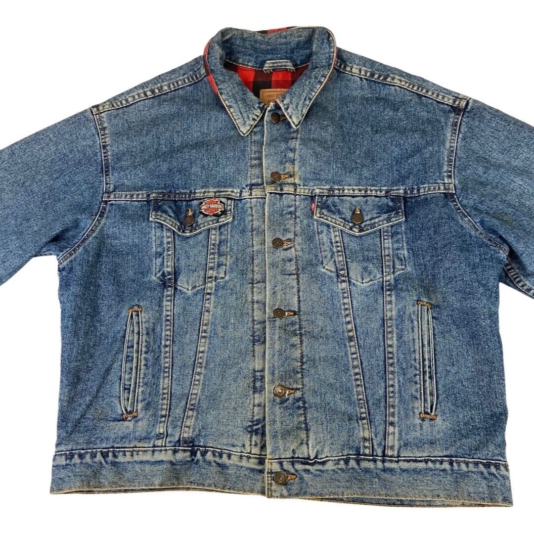 VTG 80s USA LEVIS HARLEY DAVIDSON PATCH FLANNEL LINED TYPE 3 DENIM JACKET 47” XL