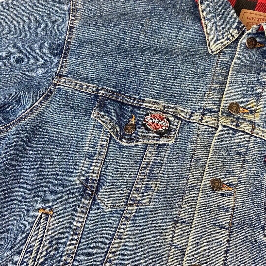 VTG 80s USA LEVIS HARLEY DAVIDSON PATCH FLANNEL LINED TYPE 3 DENIM JACKET 47” XL