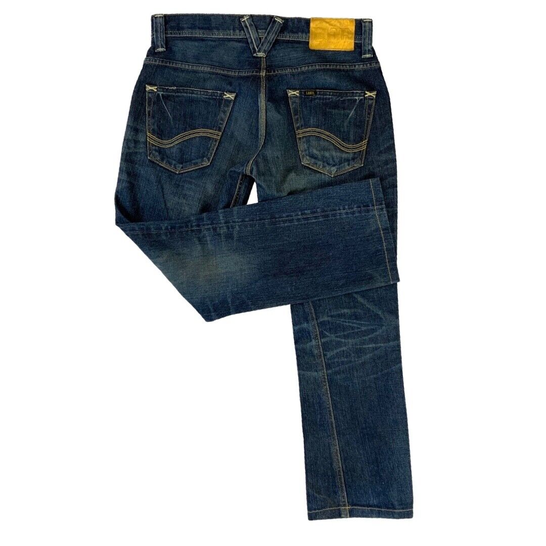 LTD LEE GOLD LEATHER LABEL JAPANESE TWISTED DENIM JEANS TWISTED SEAM 32”W 28”L