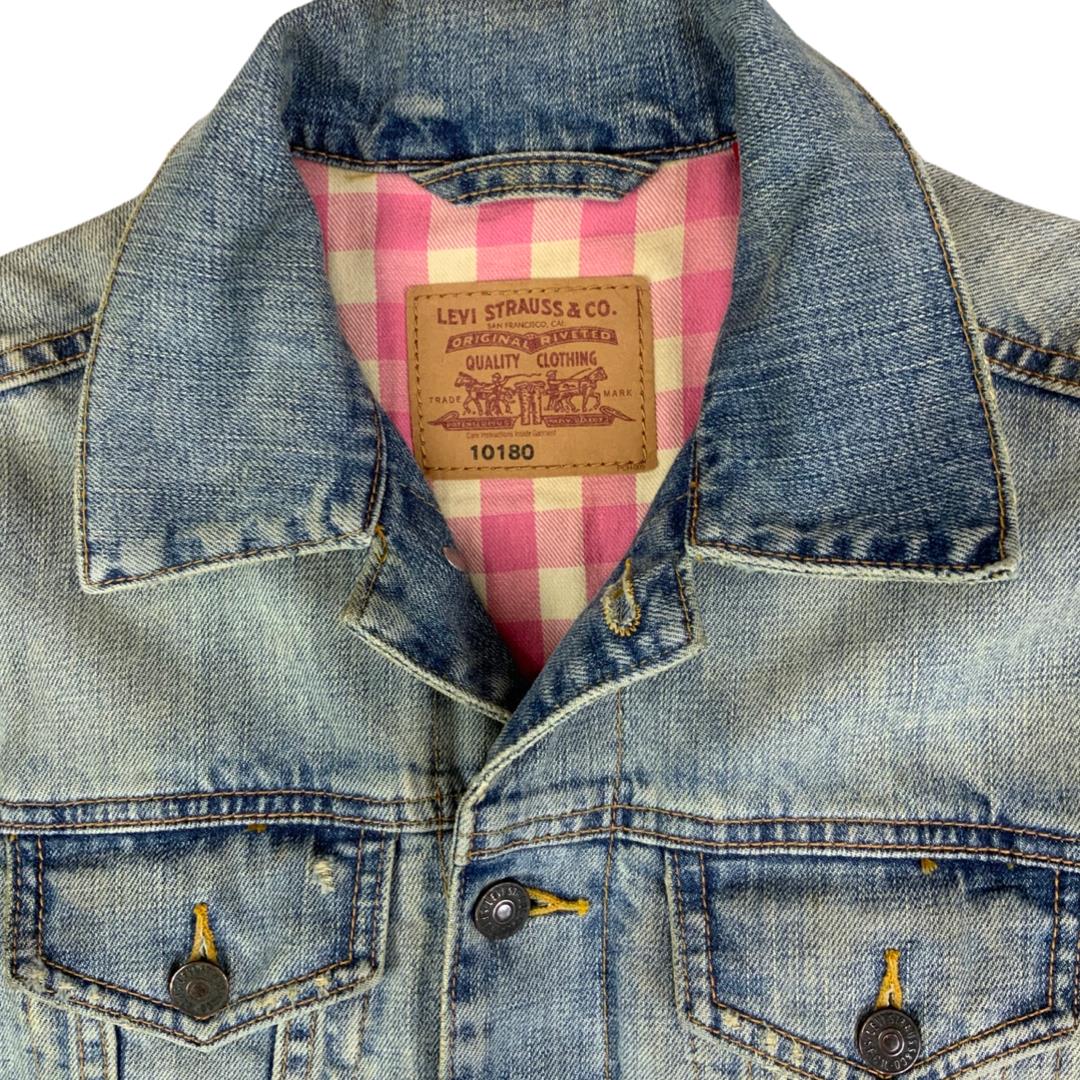 VTG LEVIS 10180 PINK FLANNEL LINED TYPE 3 TRUCKER DENIM JACKET 36” S