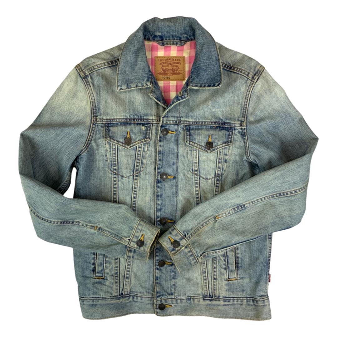 VTG LEVIS 10180 PINK FLANNEL LINED TYPE 3 TRUCKER DENIM JACKET 36” S