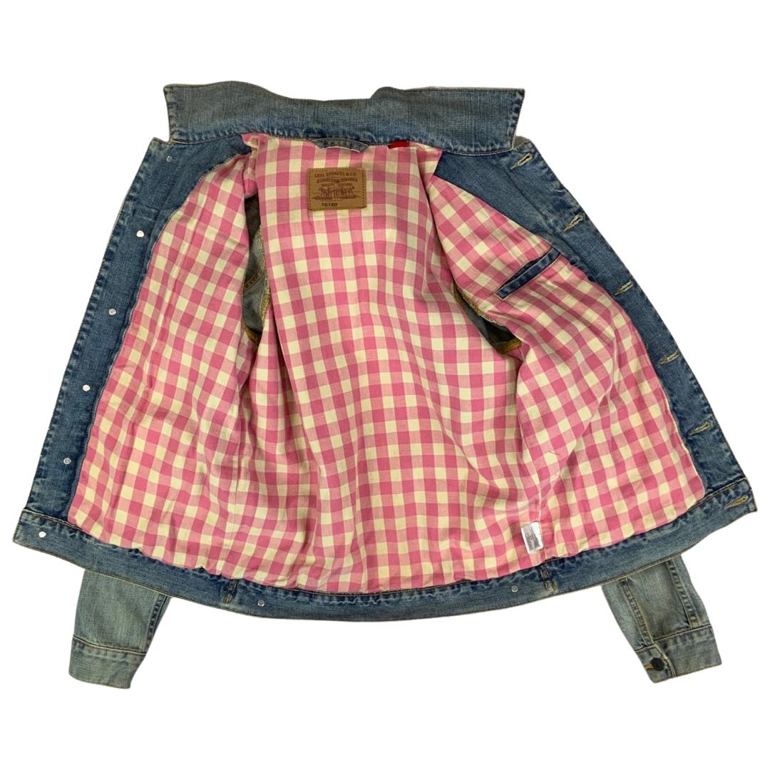 VTG LEVIS 10180 PINK FLANNEL LINED TYPE 3 TRUCKER DENIM JACKET 36” S