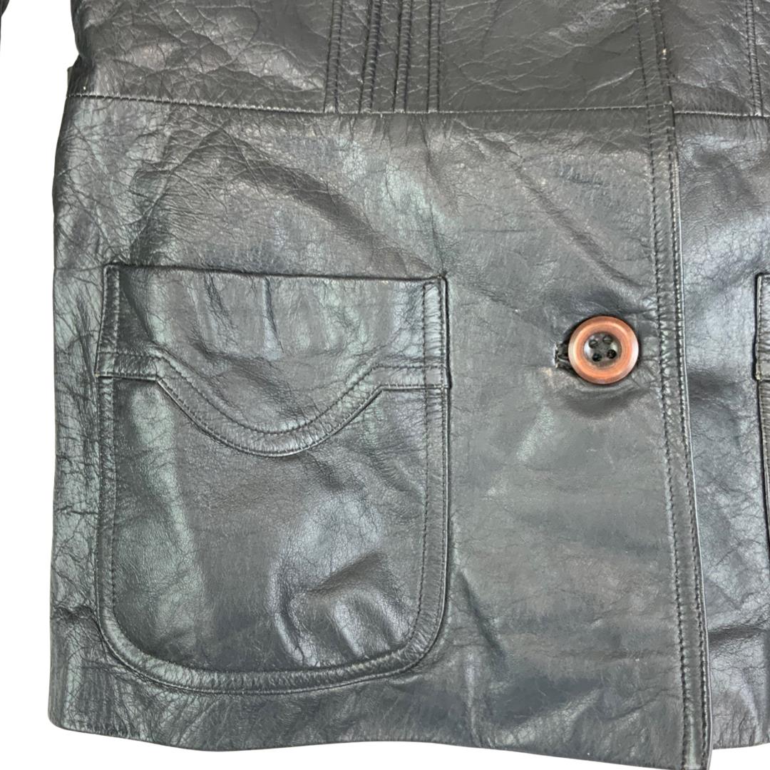 LADIES VTG 70s SOFT BLACK LEATHER BUTTON DOWN JACKET BIG COLLARS MOD SIZE 8/10