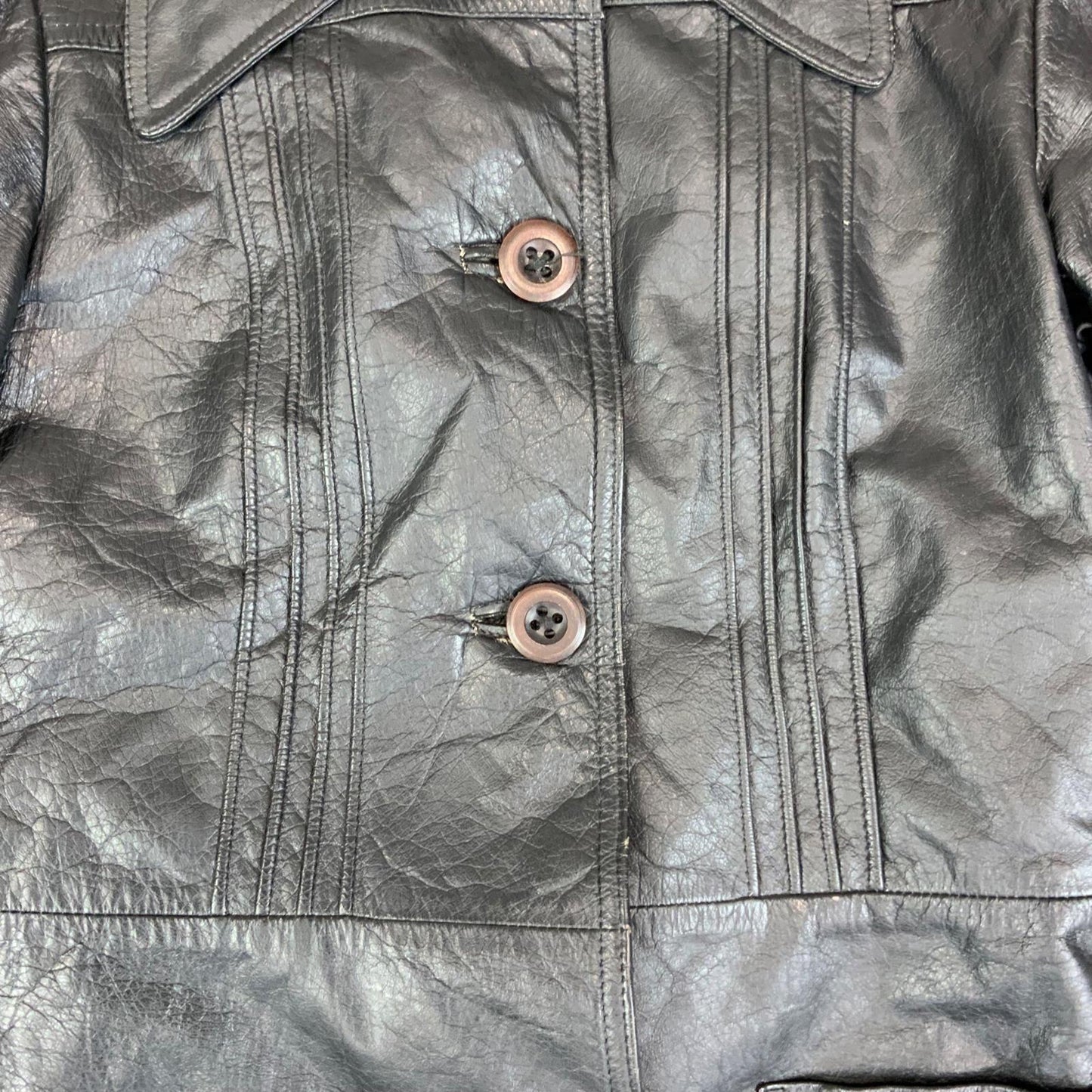 LADIES VTG 70s SOFT BLACK LEATHER BUTTON DOWN JACKET BIG COLLARS MOD SIZE 8/10