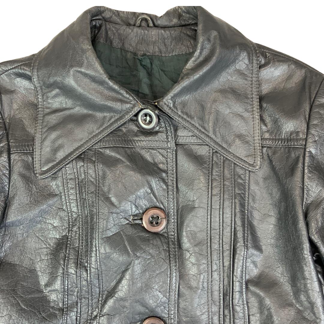 LADIES VTG 70s SOFT BLACK LEATHER BUTTON DOWN JACKET BIG COLLARS MOD SIZE 8/10