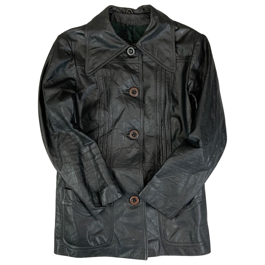 LADIES VTG 70s SOFT BLACK LEATHER BUTTON DOWN JACKET BIG COLLARS MOD SIZE 8/10