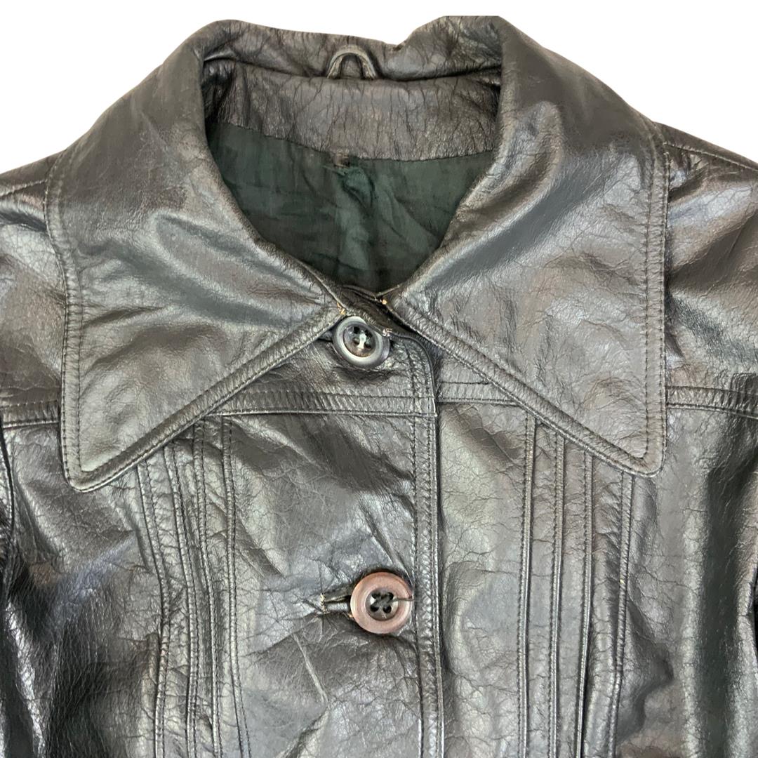 LADIES VTG 70s SOFT BLACK LEATHER BUTTON DOWN JACKET BIG COLLARS MOD SIZE 8/10