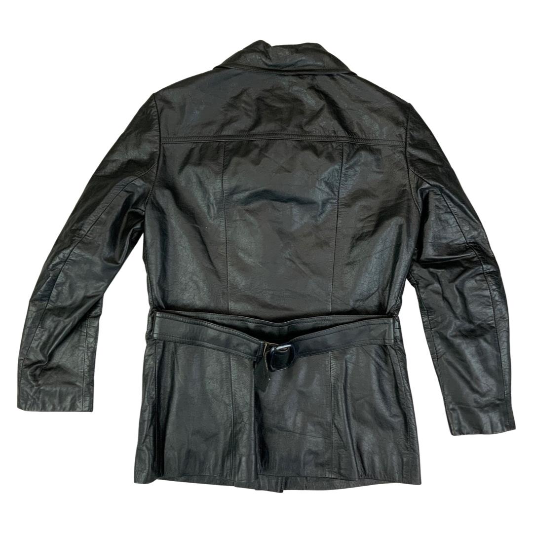 LADIES VTG 70s SOFT BLACK LEATHER BUTTON DOWN JACKET BIG COLLARS MOD SIZE 8/10