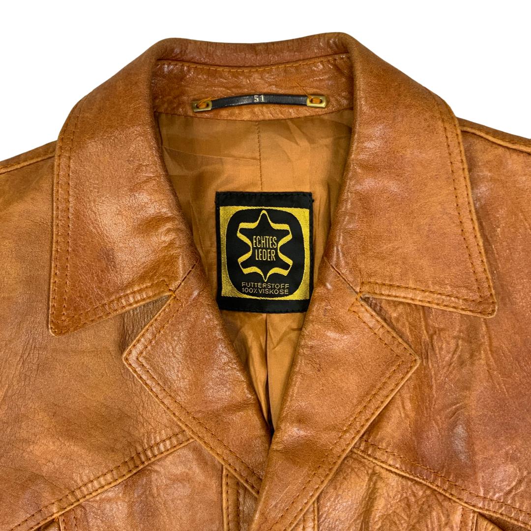 VTG 70s TAN SOFT LEATHER LEATHER BUTTON DOWN JACKET BIG COLLARS MOD DISCO 41” M