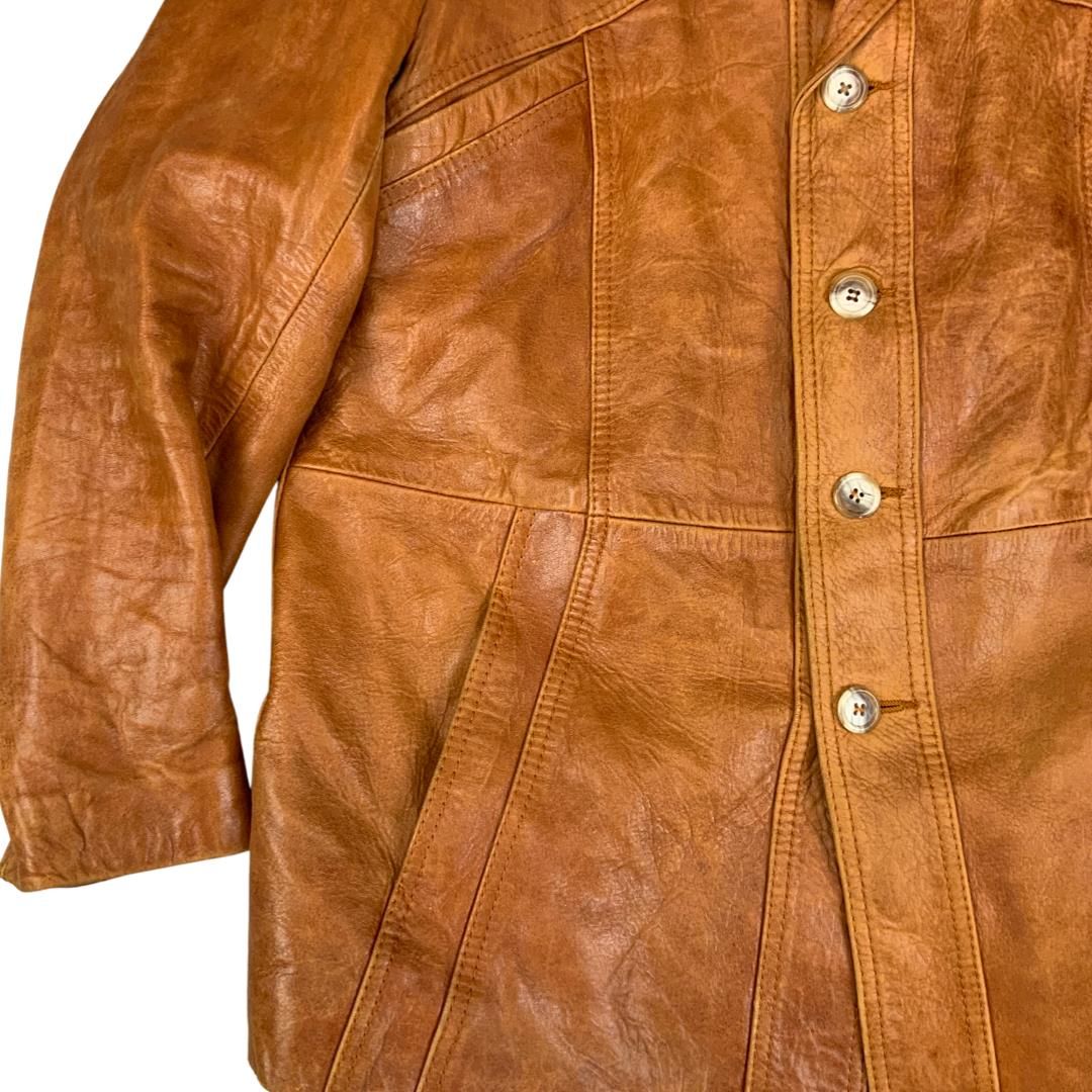VTG 70s TAN SOFT LEATHER LEATHER BUTTON DOWN JACKET BIG COLLARS MOD DISCO 41” M