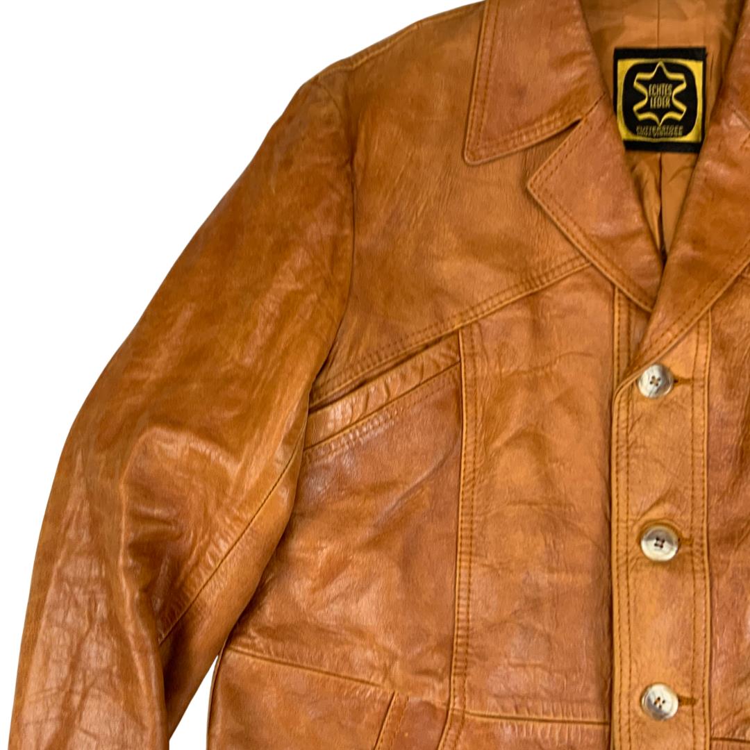 VTG 70s TAN SOFT LEATHER LEATHER BUTTON DOWN JACKET BIG COLLARS MOD DISCO 41” M