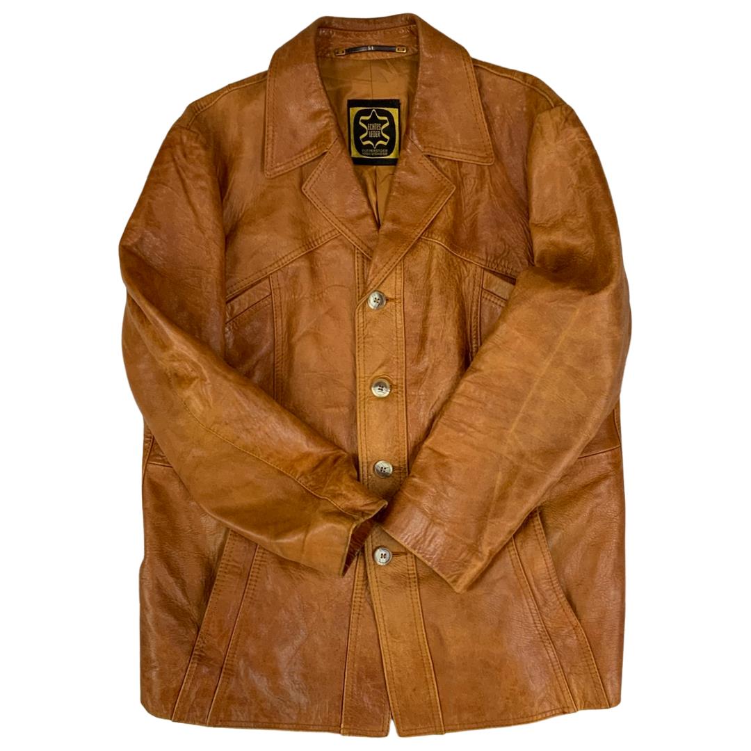 VTG 70s TAN SOFT LEATHER LEATHER BUTTON DOWN JACKET BIG COLLARS MOD DISCO 41” M