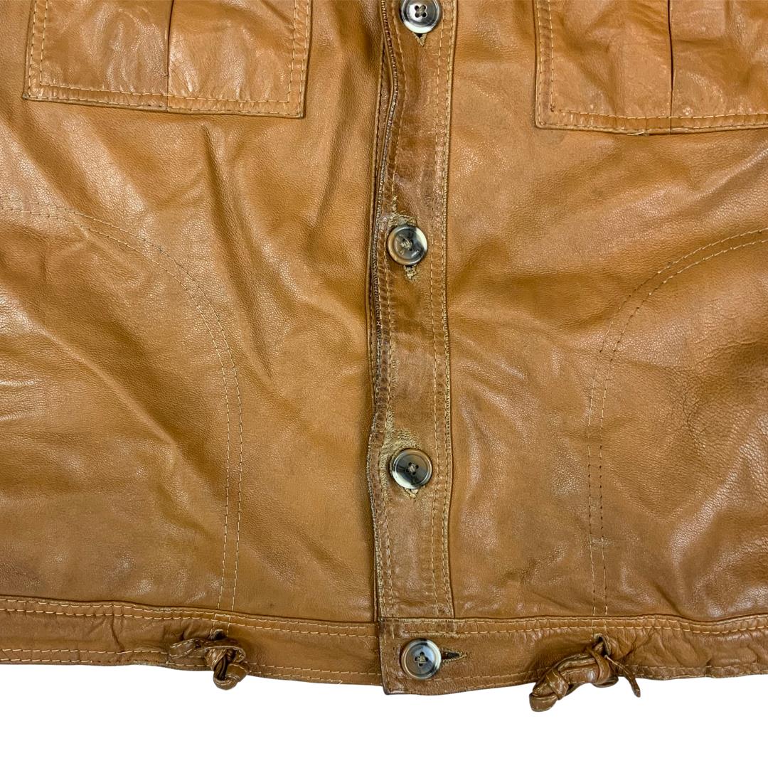 VTG 70s TAN SOFT LEATHER SAFARI STYLE LEATHER JACKET BIG COLLARS MOD DISCO 38” S
