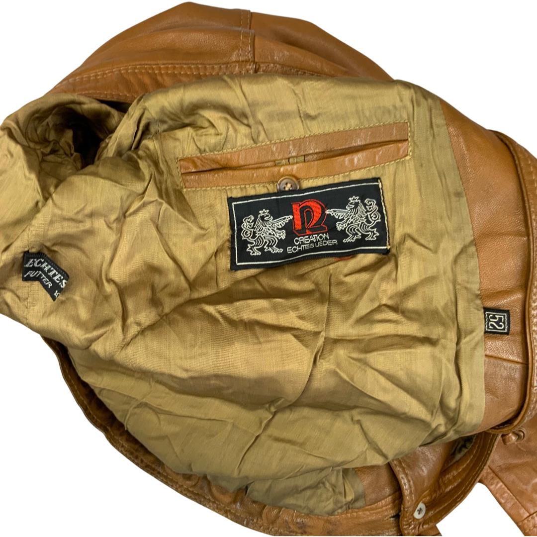 VTG 70s TAN SOFT LEATHER SAFARI STYLE LEATHER JACKET BIG COLLARS MOD DISCO 38” S
