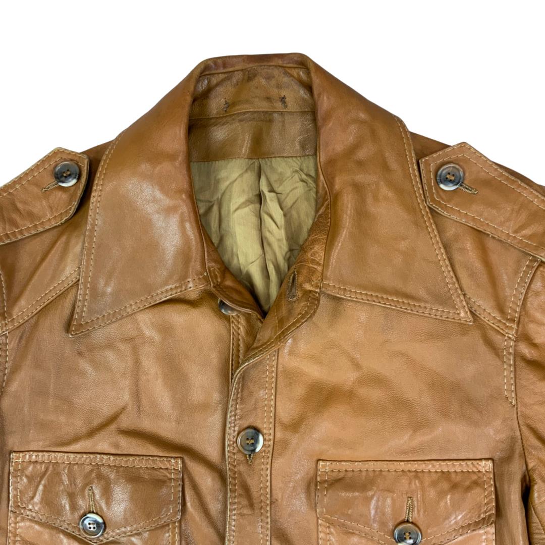 VTG 70s TAN SOFT LEATHER SAFARI STYLE LEATHER JACKET BIG COLLARS MOD DISCO 38” S