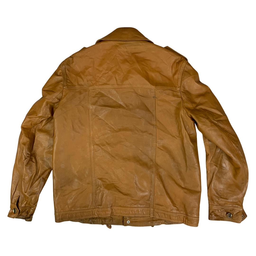 VTG 70s TAN SOFT LEATHER SAFARI STYLE LEATHER JACKET BIG COLLARS MOD DISCO 38” S