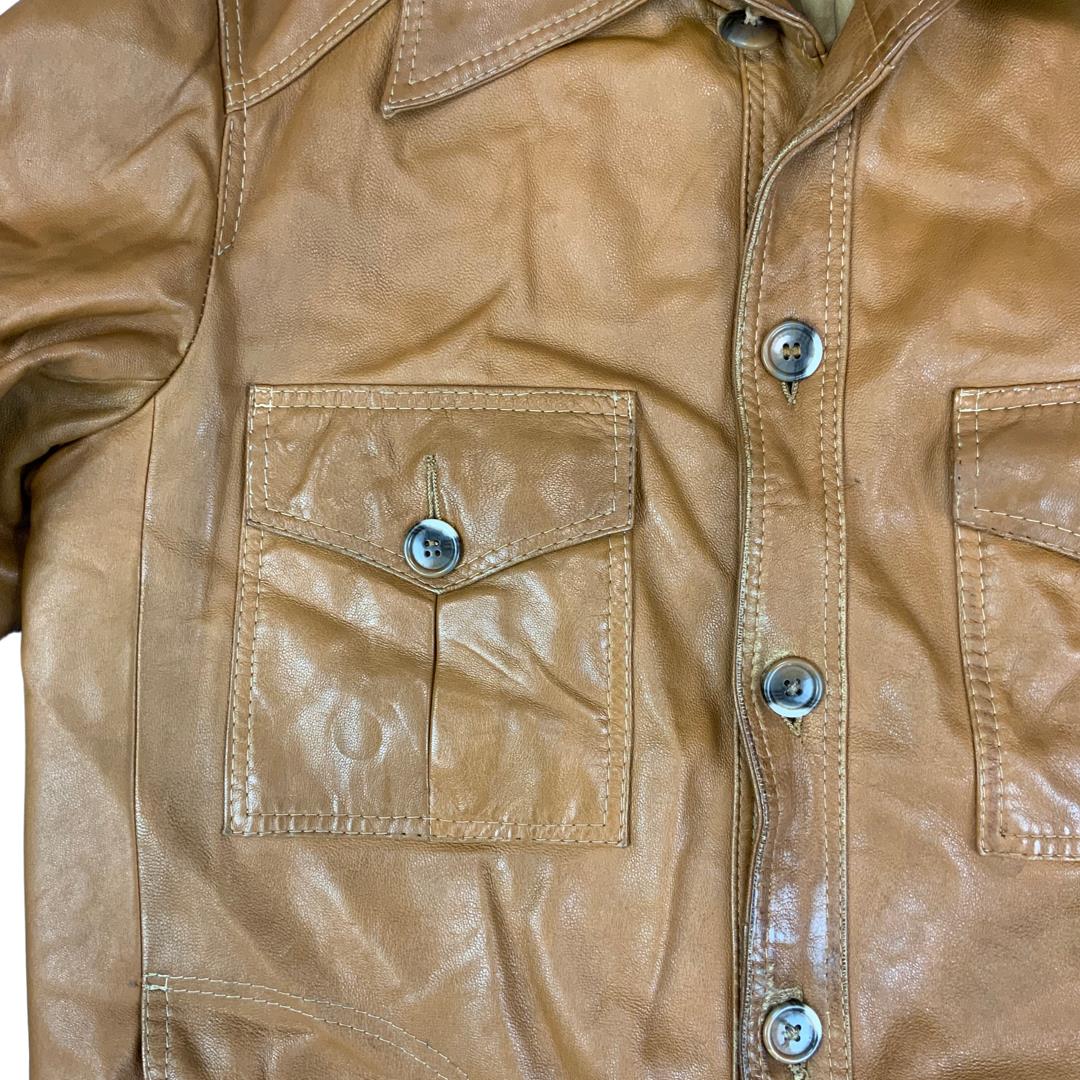 VTG 70s TAN SOFT LEATHER SAFARI STYLE LEATHER JACKET BIG COLLARS MOD DISCO 38” S