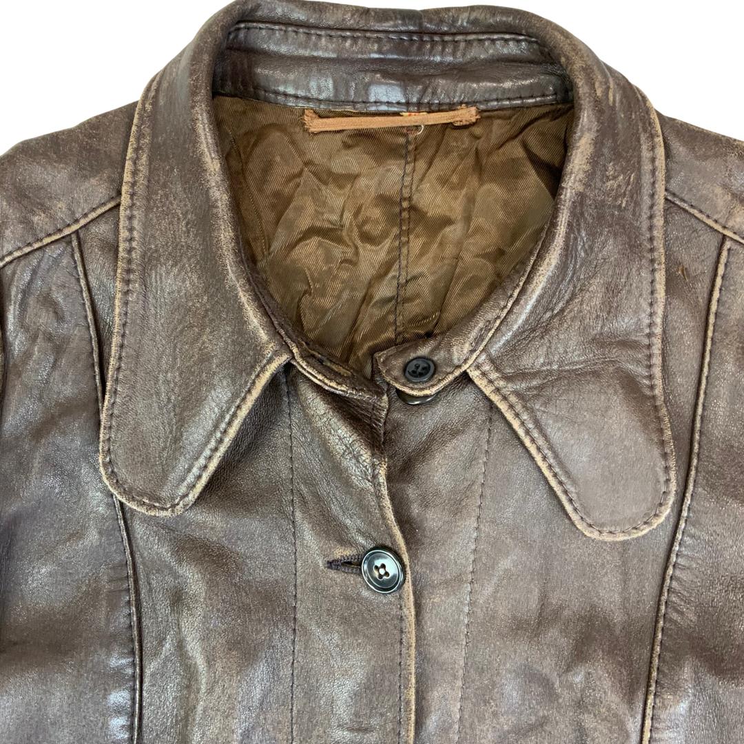 LADIES VTG 70s SOFT BROWN LEATHER JACKET BIG PENNY ROUND COLLARS MOD SIZE 8
