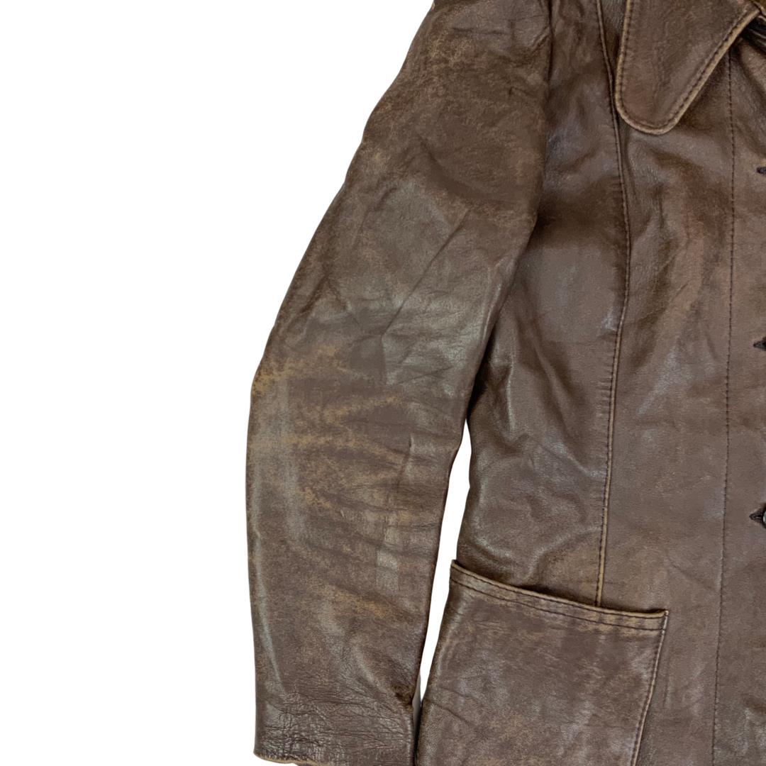 LADIES VTG 70s SOFT BROWN LEATHER JACKET BIG PENNY ROUND COLLARS MOD SIZE 8