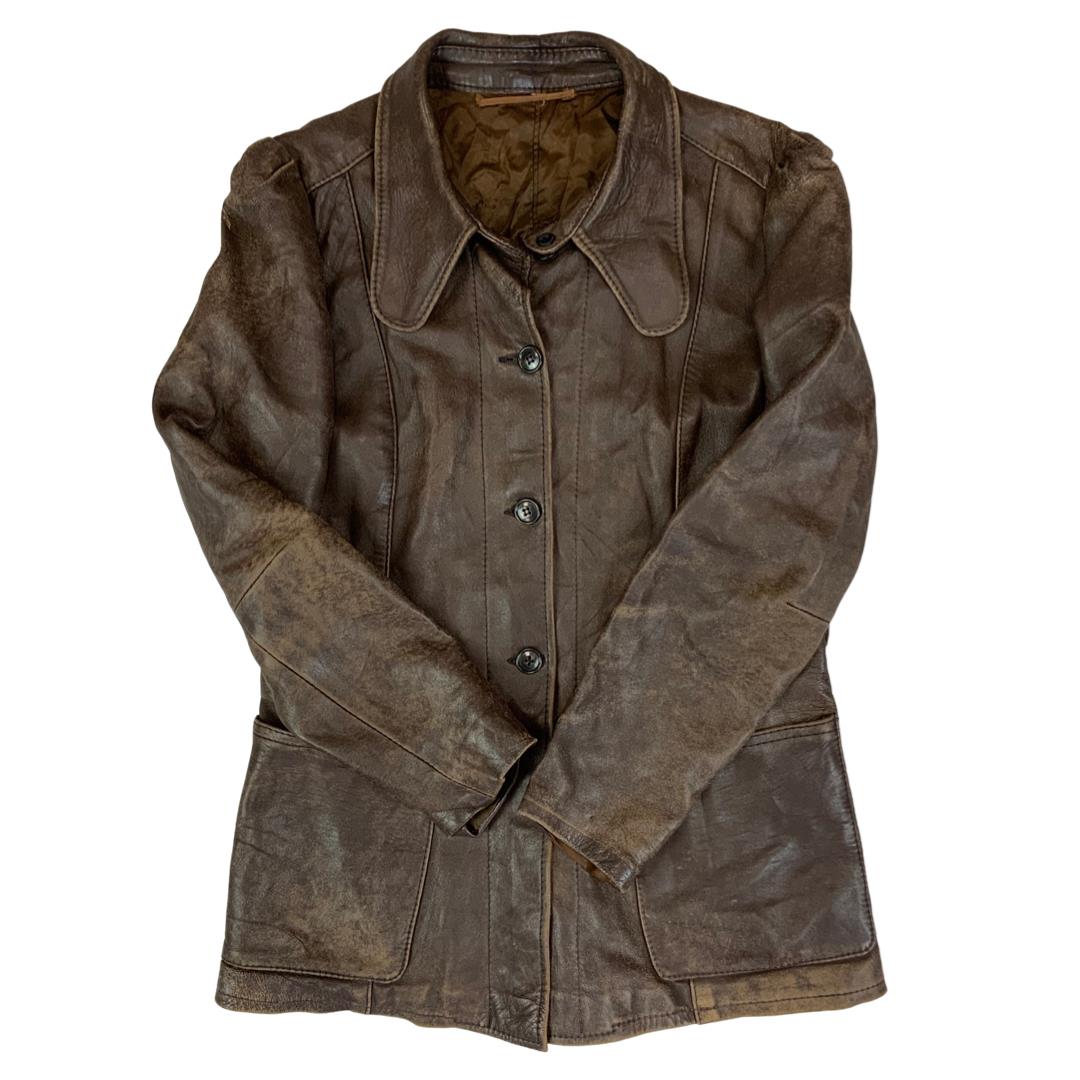 LADIES VTG 70s SOFT BROWN LEATHER JACKET BIG PENNY ROUND COLLARS MOD SIZE 8