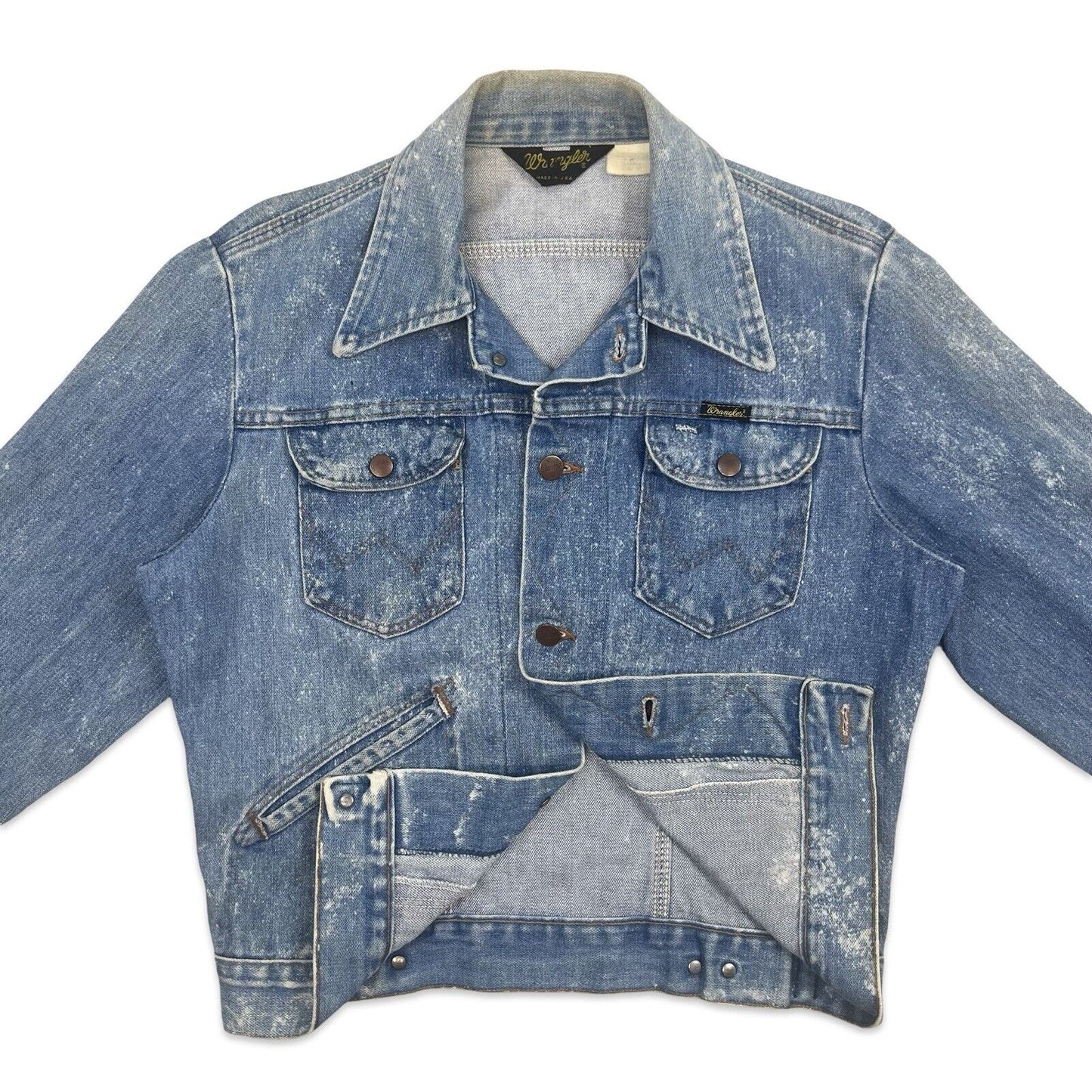 VTG 1970s USA MADE WRANGLER DENIM WESTERN JACKET V COOL BLEACH WASH S 38”