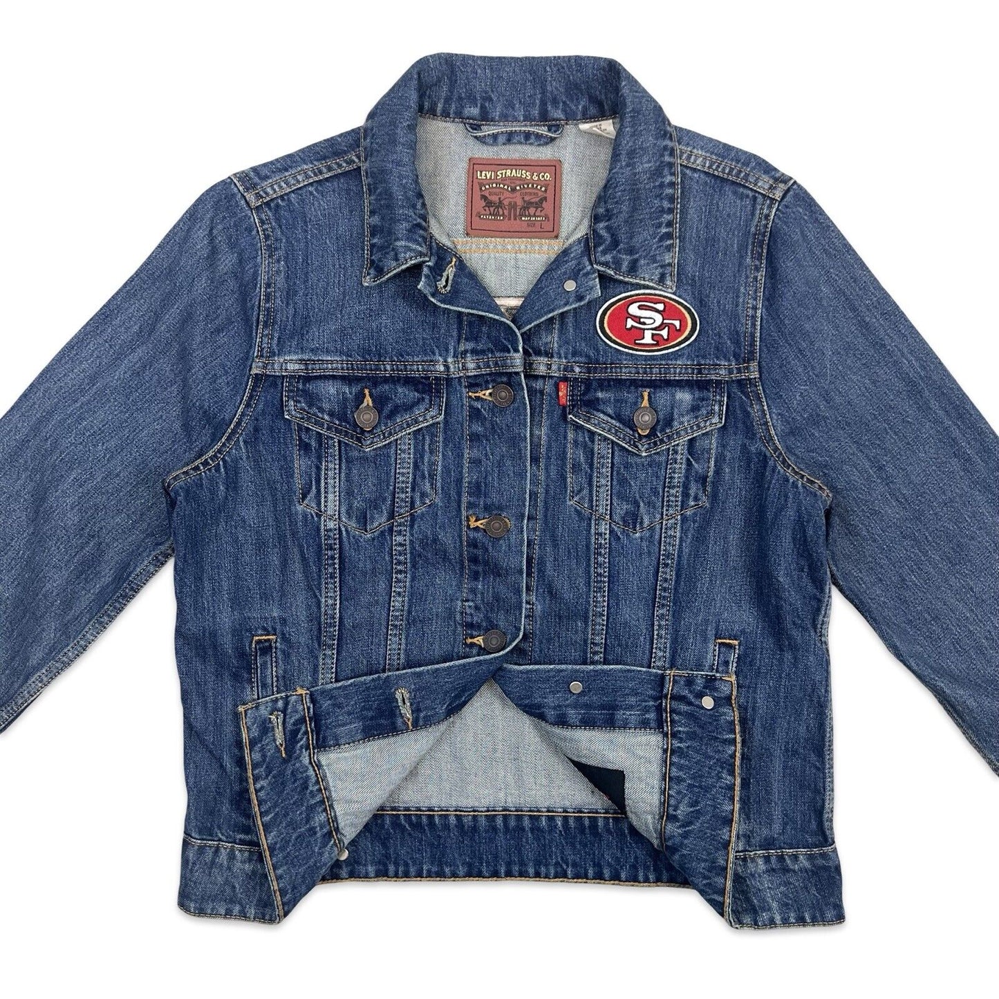 VTG LEVIS NFL COLAB SAN FRANCISCO 49ERS TYPE 3 TRUCKER DENIM JACKET S 38”