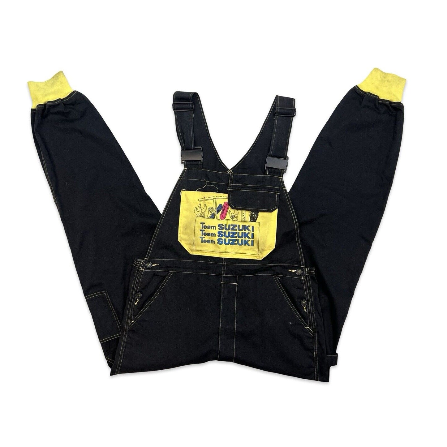 VTG 1980s TEAM SUZUKI MOTORCYCLE RACING MECHANIC COTTON DUNGAREES JAPANESE 36”W