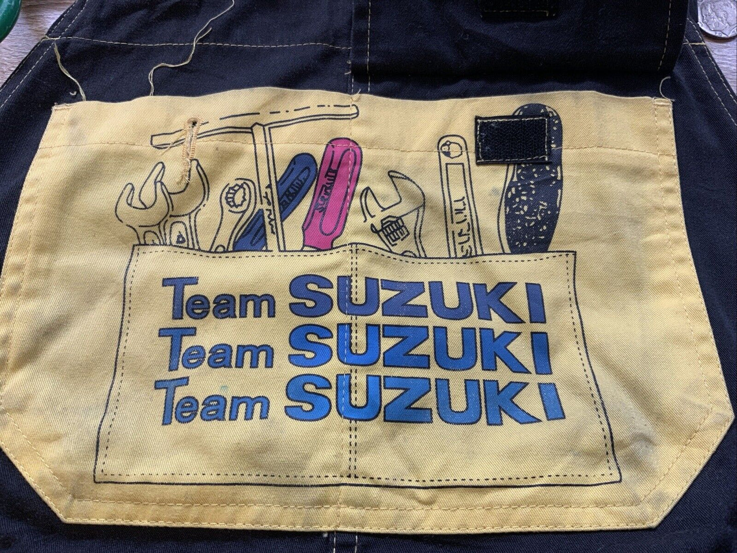 VTG 1980s TEAM SUZUKI MOTORCYCLE RACING MECHANIC COTTON DUNGAREES JAPANESE 36”W