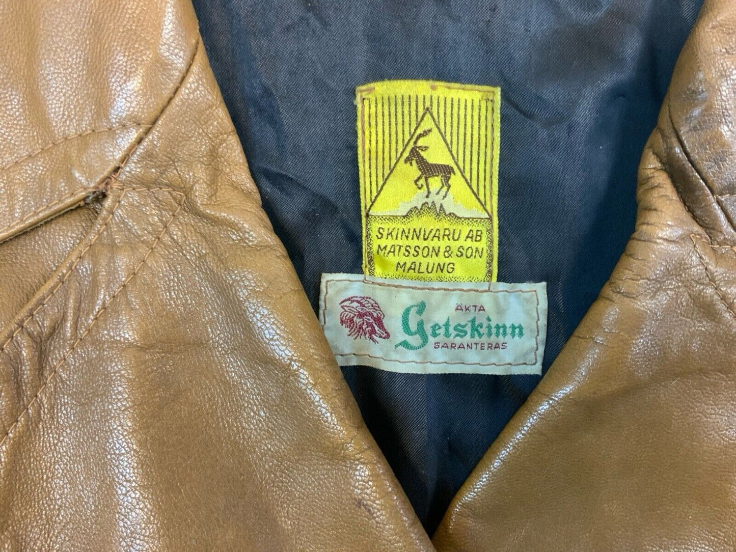 VTG RARE 40s 50s SWEDISH GOATSKIN DOUBLE BREASTED TAN LEATHER COAT JACKET S 36”