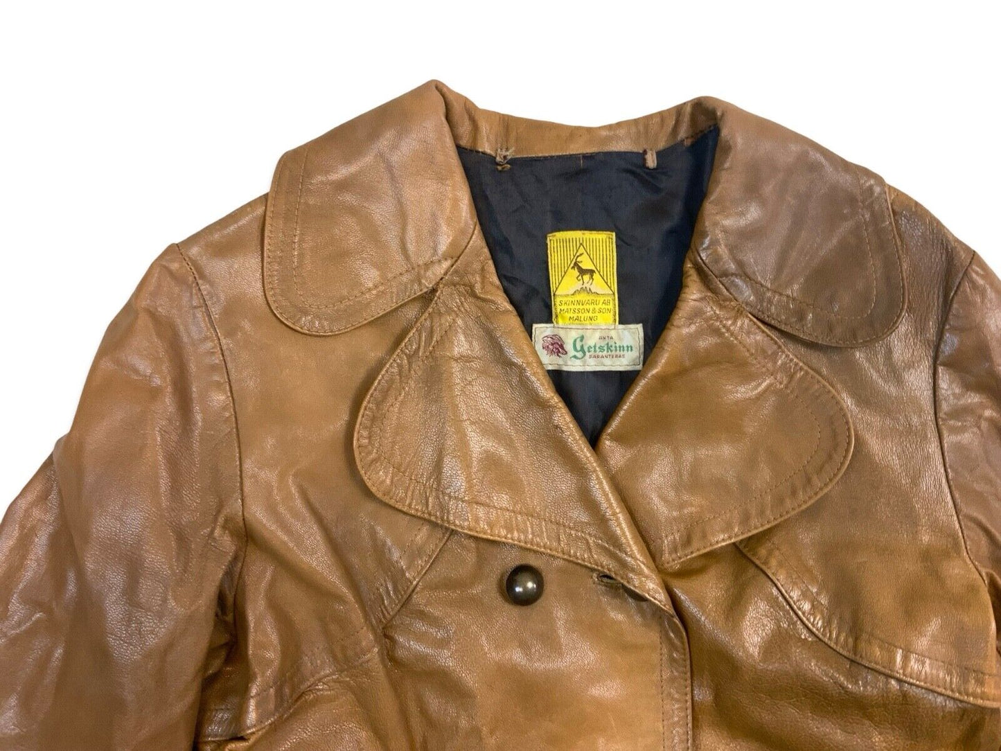 VTG RARE 40s 50s SWEDISH GOATSKIN DOUBLE BREASTED TAN LEATHER COAT JACKET S 36”