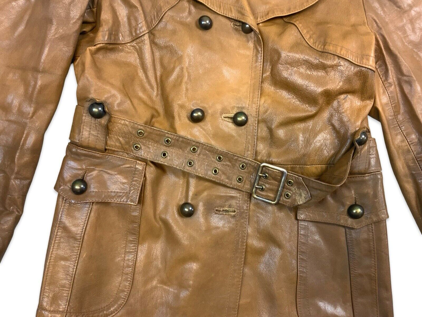VTG RARE 40s 50s SWEDISH GOATSKIN DOUBLE BREASTED TAN LEATHER COAT JACKET S 36”