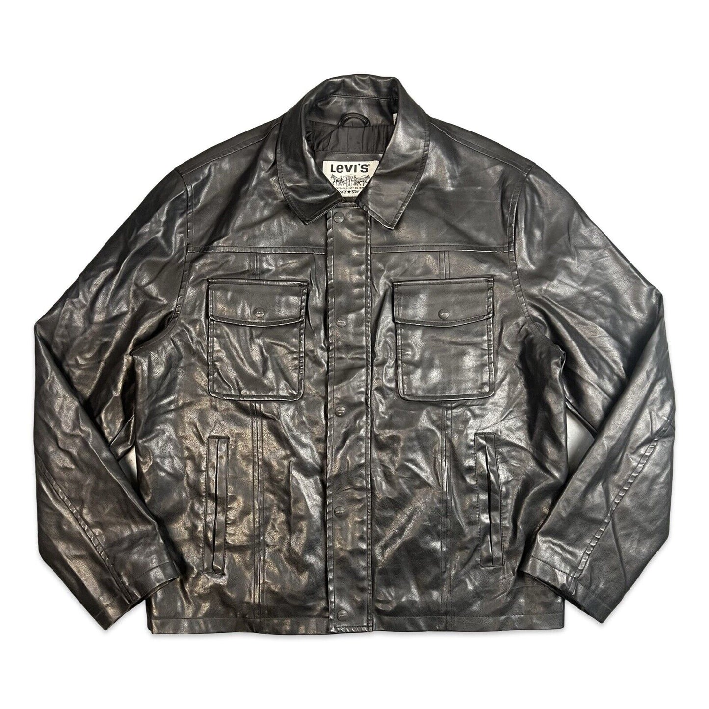 VTG STYLE LEVIS BLACK SOFT LEATHER JACKET LINED 4 POCKET BUTTON DOWN L 42”