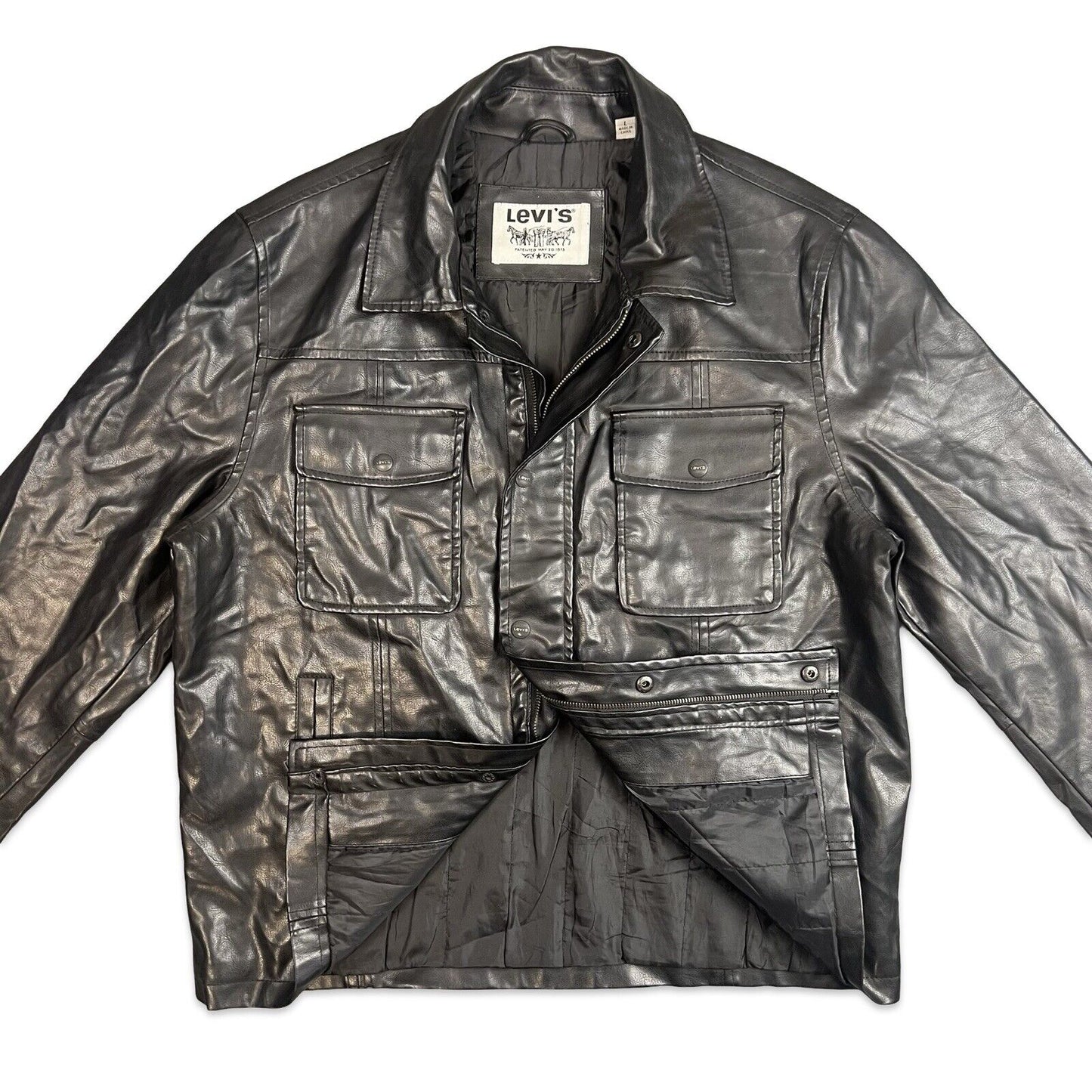 VTG STYLE LEVIS BLACK SOFT LEATHER JACKET LINED 4 POCKET BUTTON DOWN L 42”