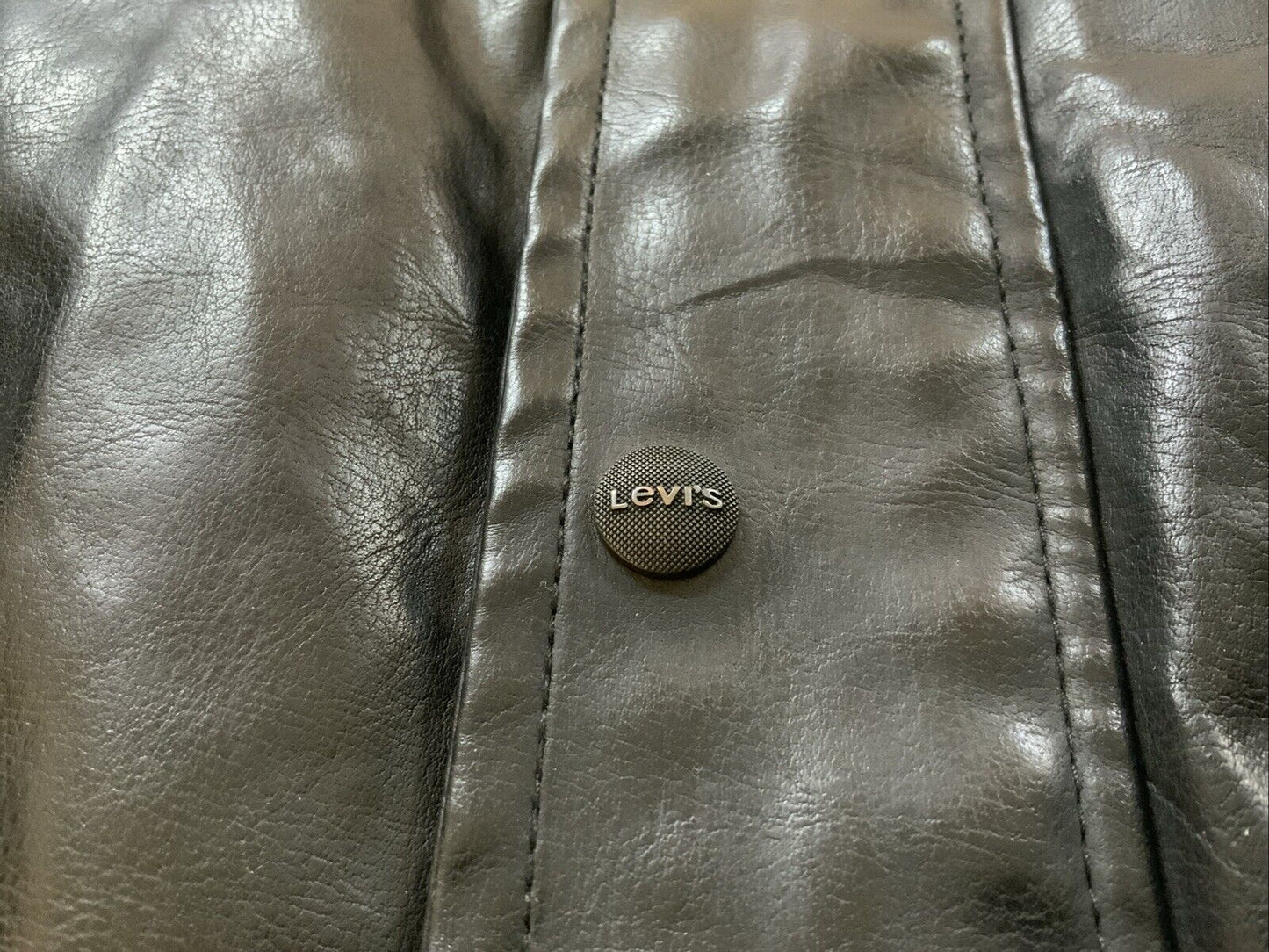 VTG STYLE LEVIS BLACK SOFT LEATHER JACKET LINED 4 POCKET BUTTON DOWN L 42”