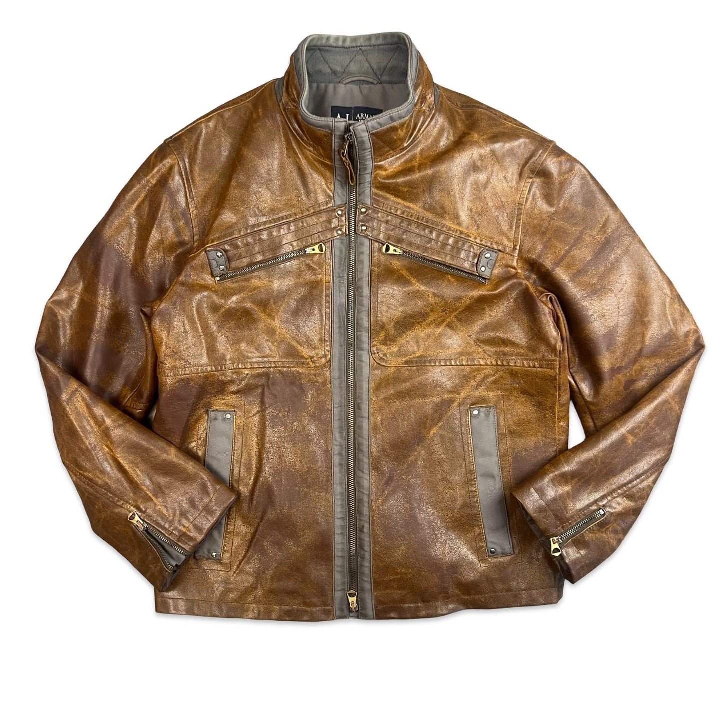 VTG 90s ARMANI JEANS BROWN FAUX LEATHER JACKET WOOL BLANKET LINED M 40”