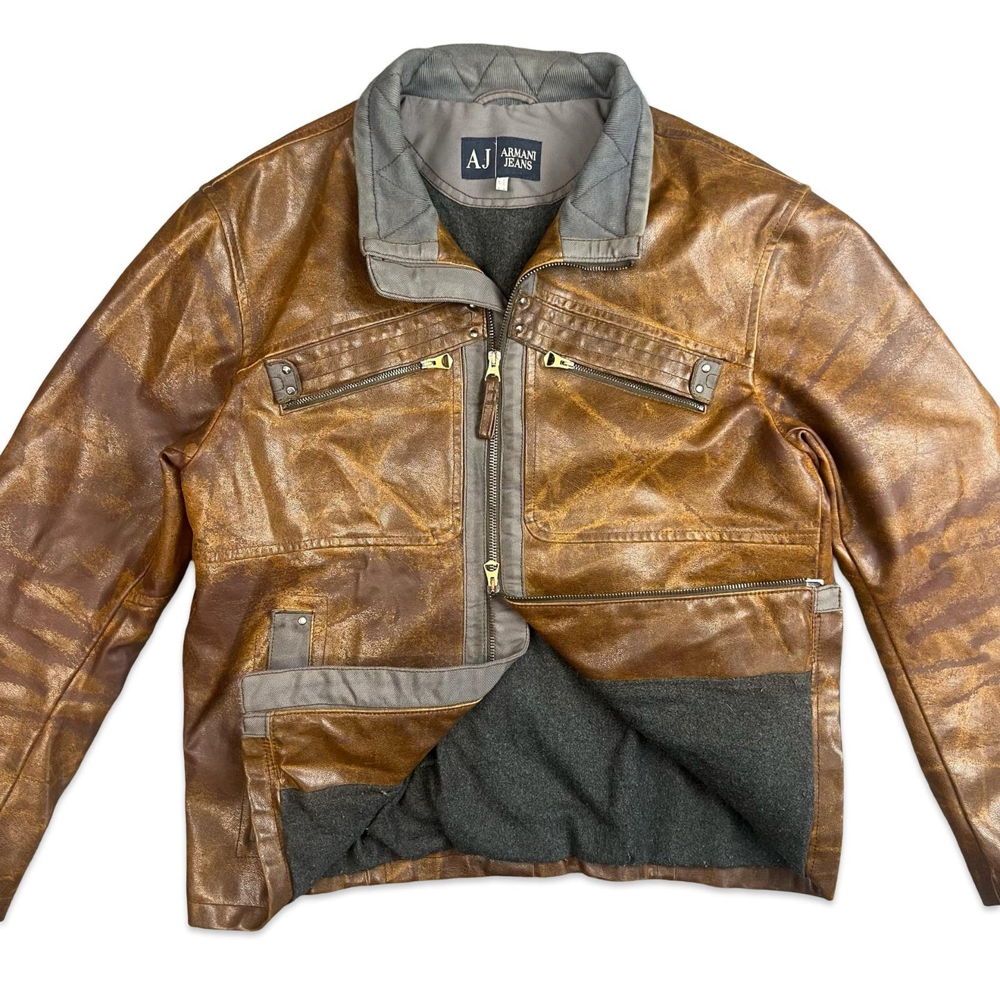 VTG 90s ARMANI JEANS BROWN FAUX LEATHER JACKET WOOL BLANKET LINED M 40”