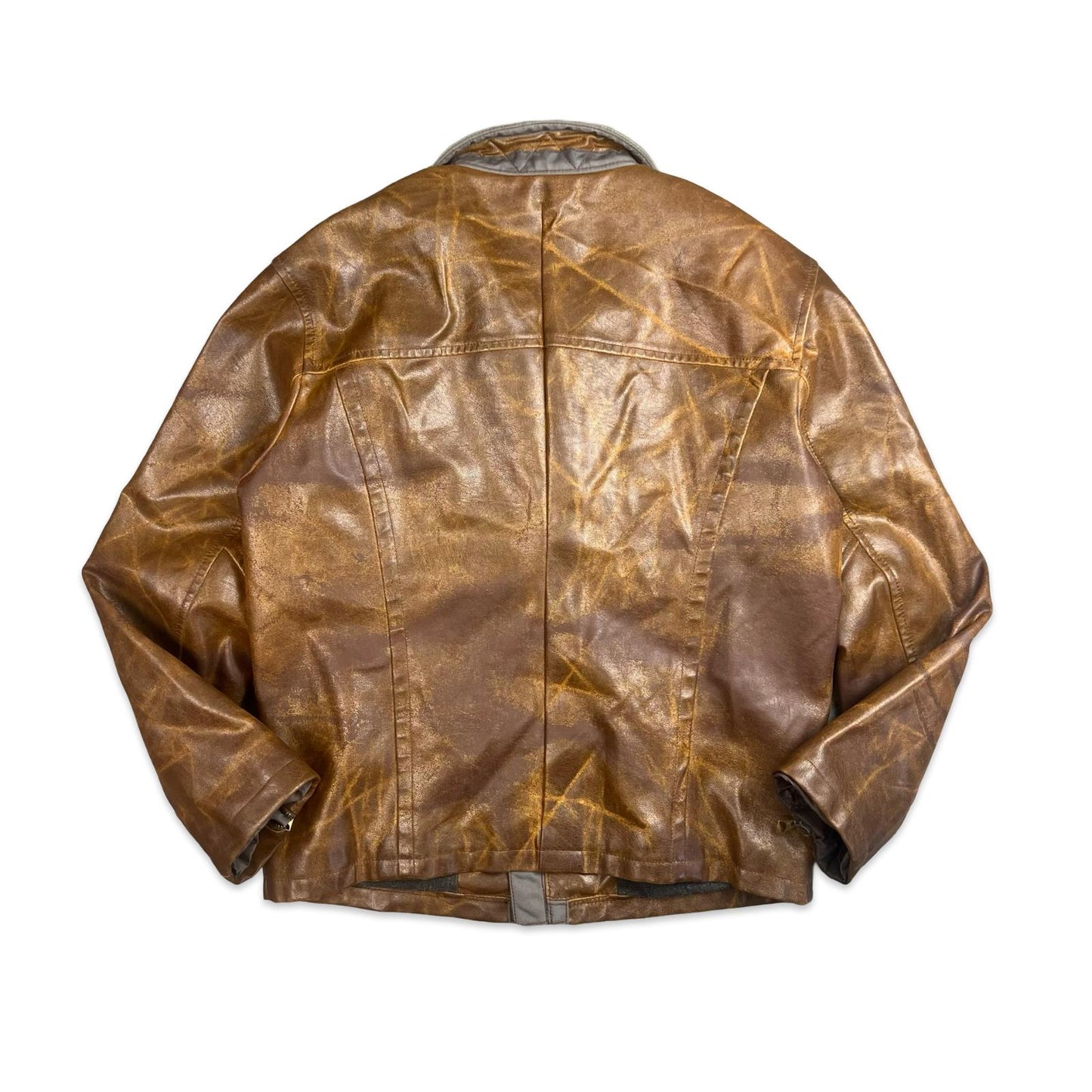 VTG 90s ARMANI JEANS BROWN FAUX LEATHER JACKET WOOL BLANKET LINED M 40”