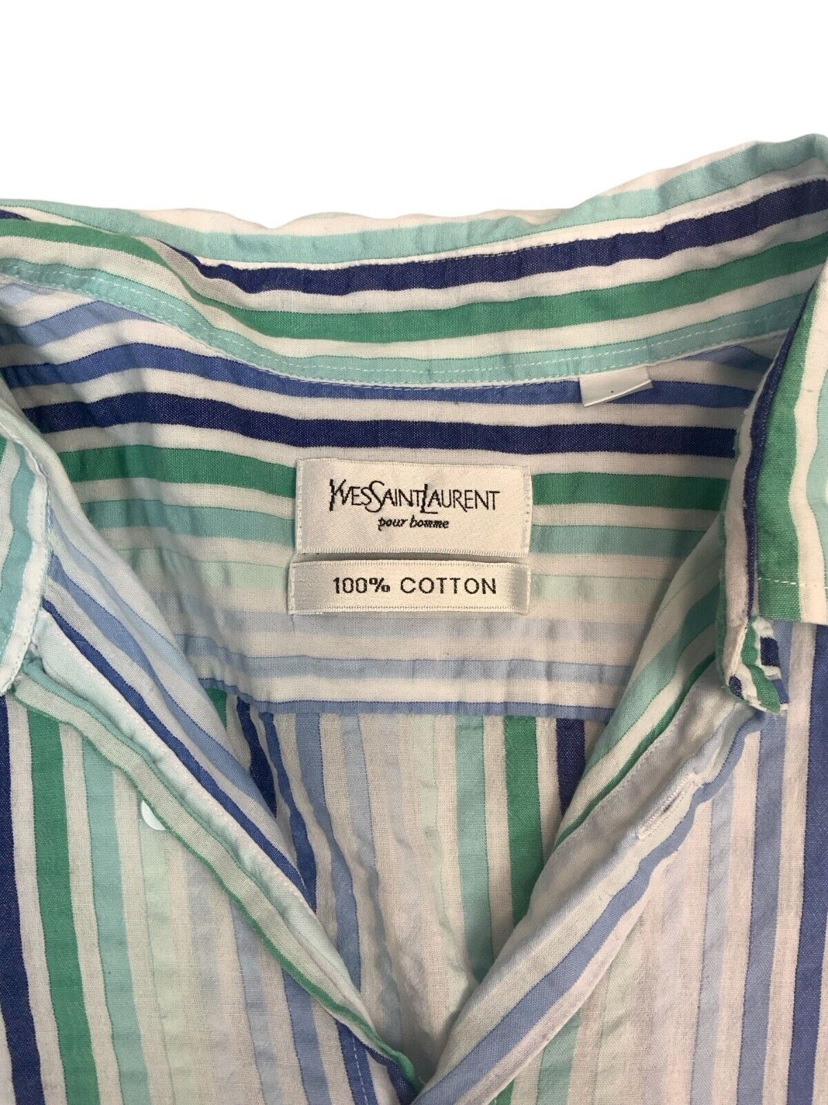 VINTAGE 90s 00s YSL STRIPED SHIRT WHITE GREEN BLUE SIZE LARGE