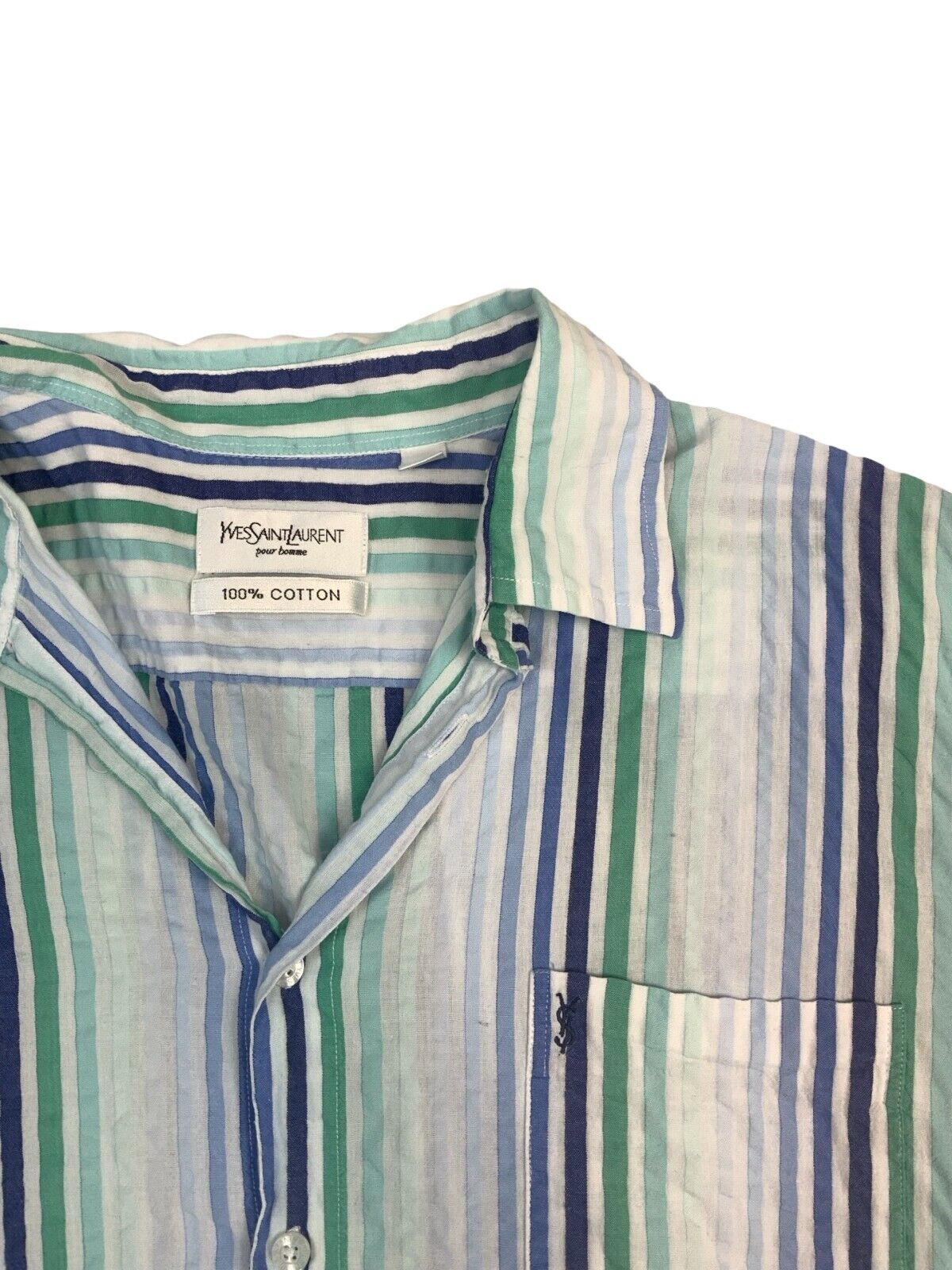 VINTAGE 90s 00s YSL STRIPED SHIRT WHITE GREEN BLUE SIZE LARGE