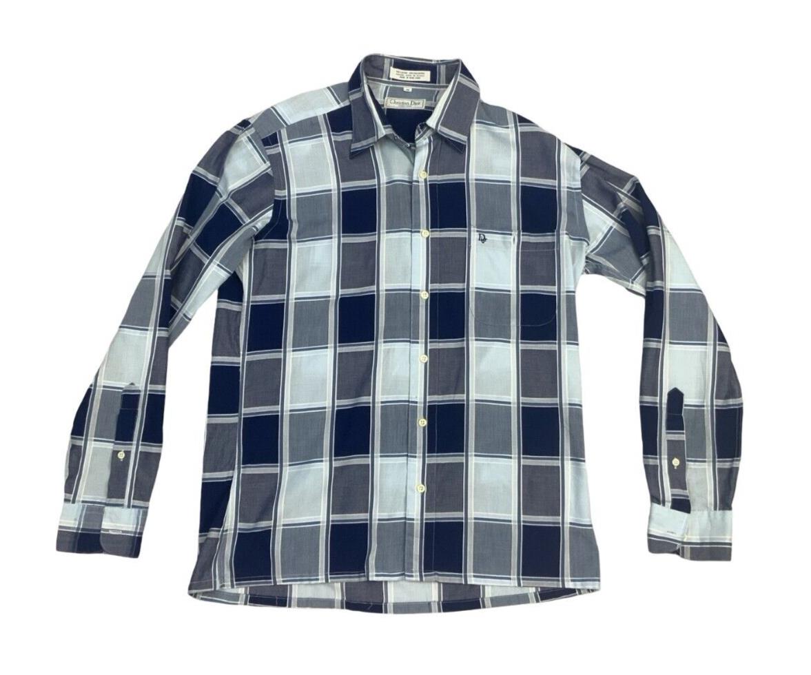 VINTAGE 90s 00s DIOR BLUE NAVY WHITE LONG SLEEVE BUTTON UP CHECKED SHIRT M