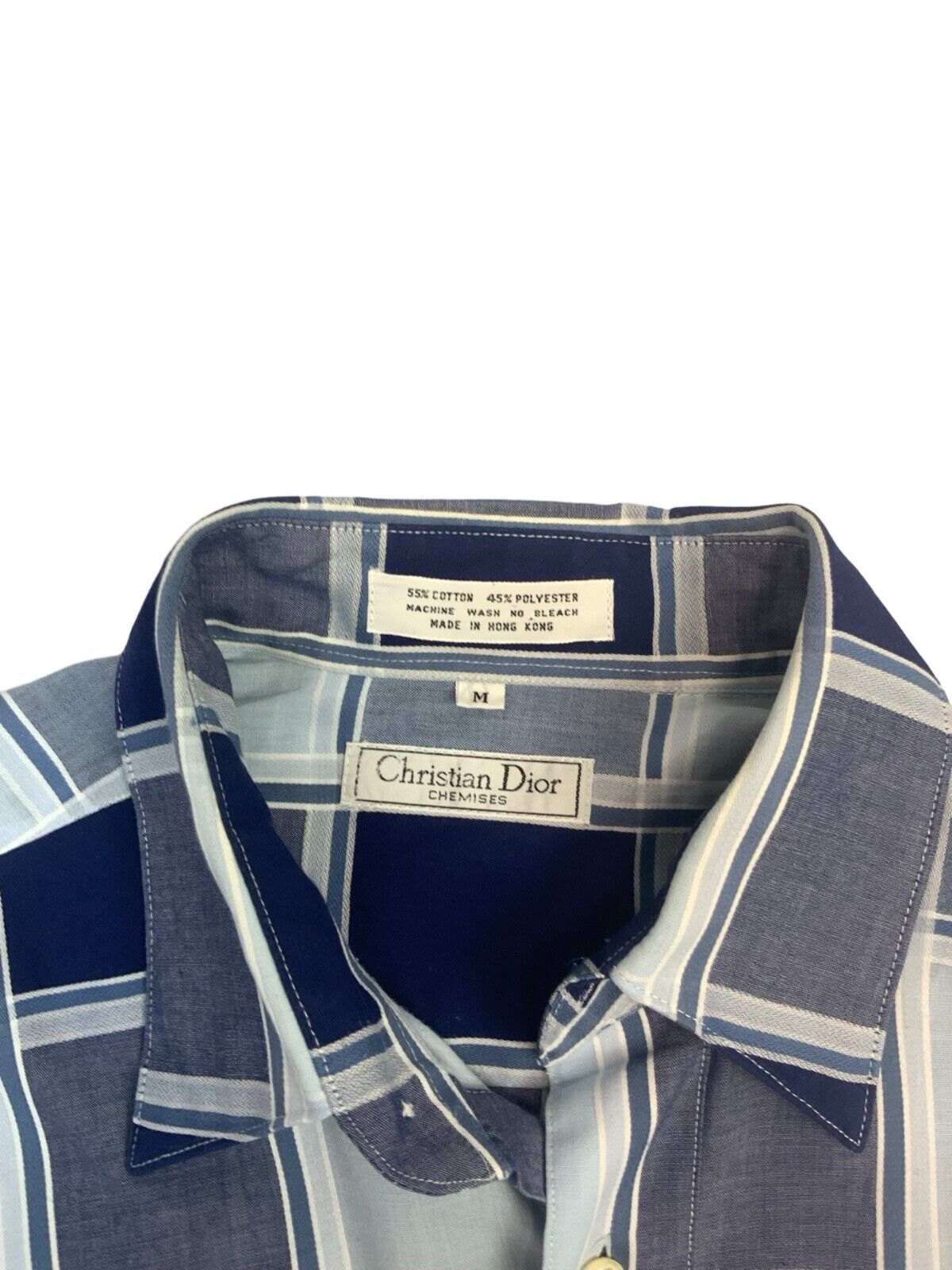 VINTAGE 90s 00s DIOR BLUE NAVY WHITE LONG SLEEVE BUTTON UP CHECKED SHIRT M