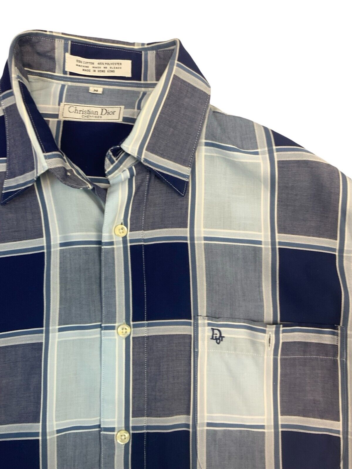 VINTAGE 90s 00s DIOR BLUE NAVY WHITE LONG SLEEVE BUTTON UP CHECKED SHIRT M
