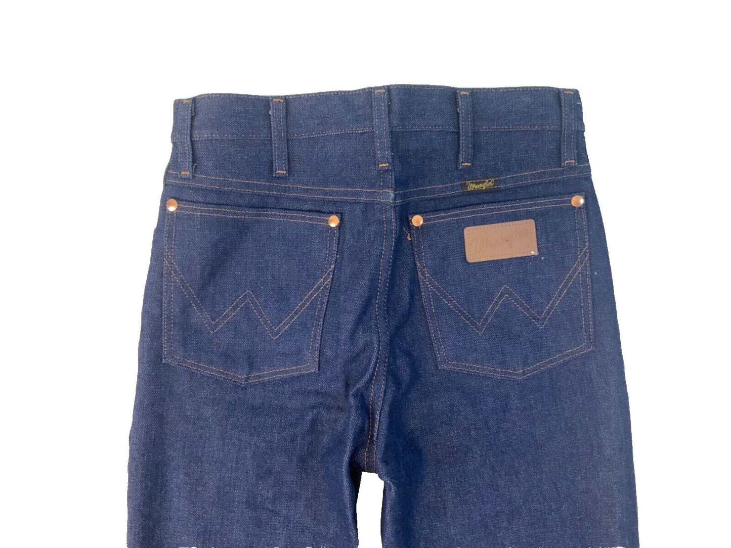 VTG 70s DEADSTOCK WRANGLER STIFF INDIGO JEANS SLIM BOOT CUT COWBOY 28W 34L