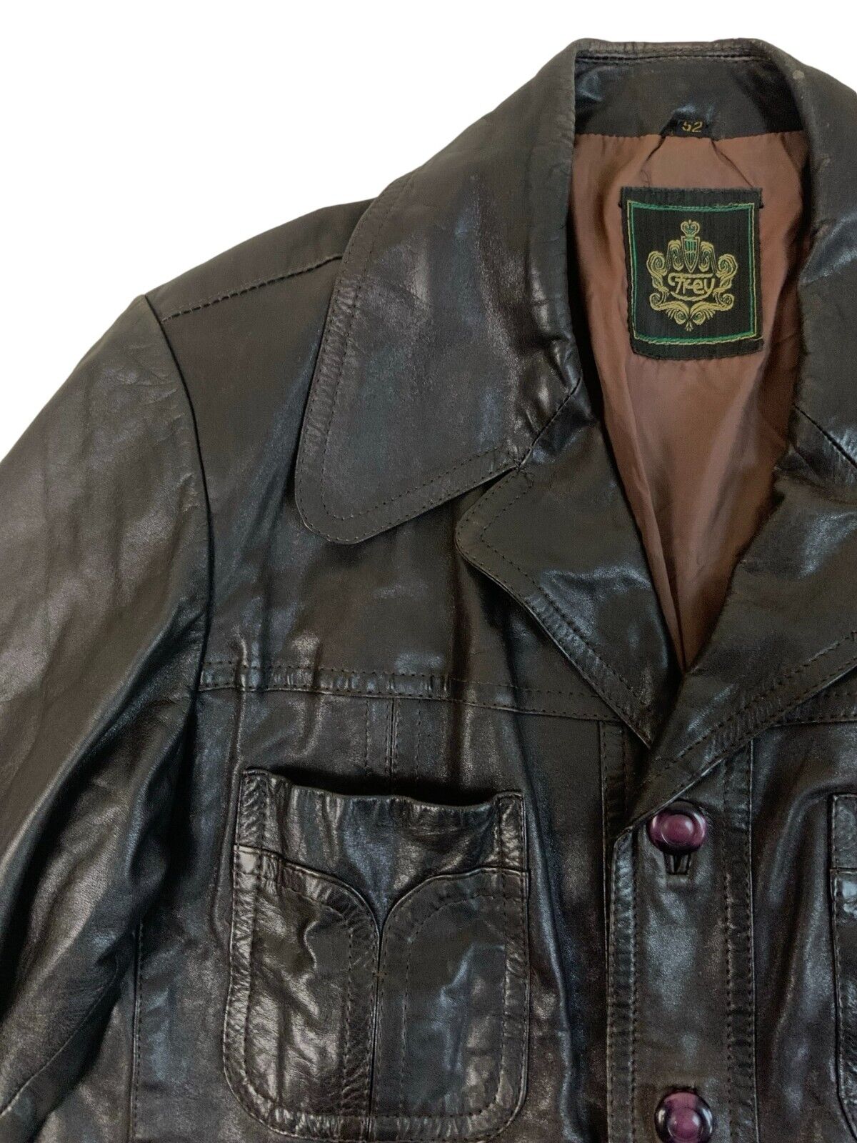 VTG 1970s V COOL LEATHER JACKET BLAZER LARGE ROUND COLLARS DISCO 4 POCKET L 42”